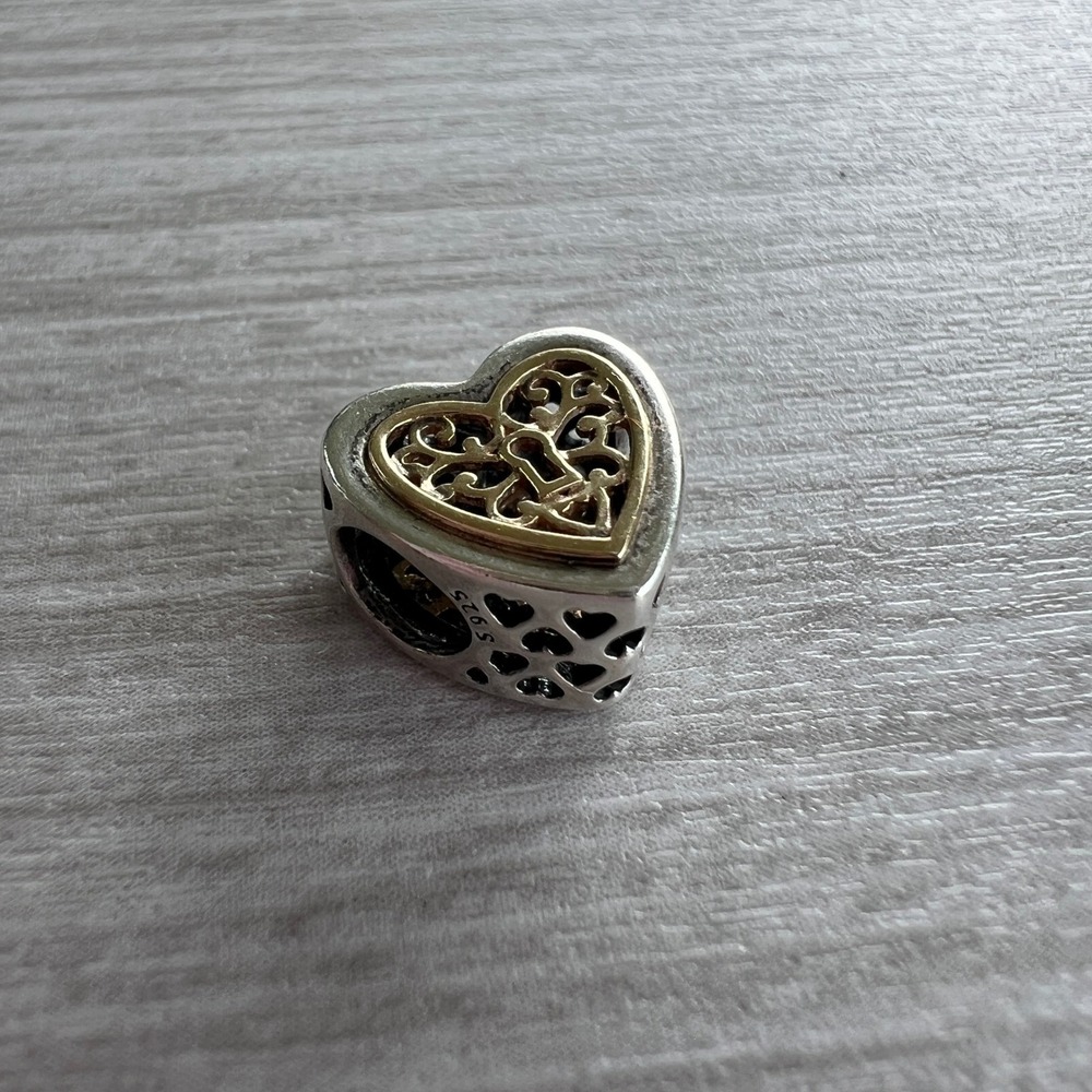 Retired Pandora Two Tone 14k Gold Silver Heart Keyhole Charm 791740 790964